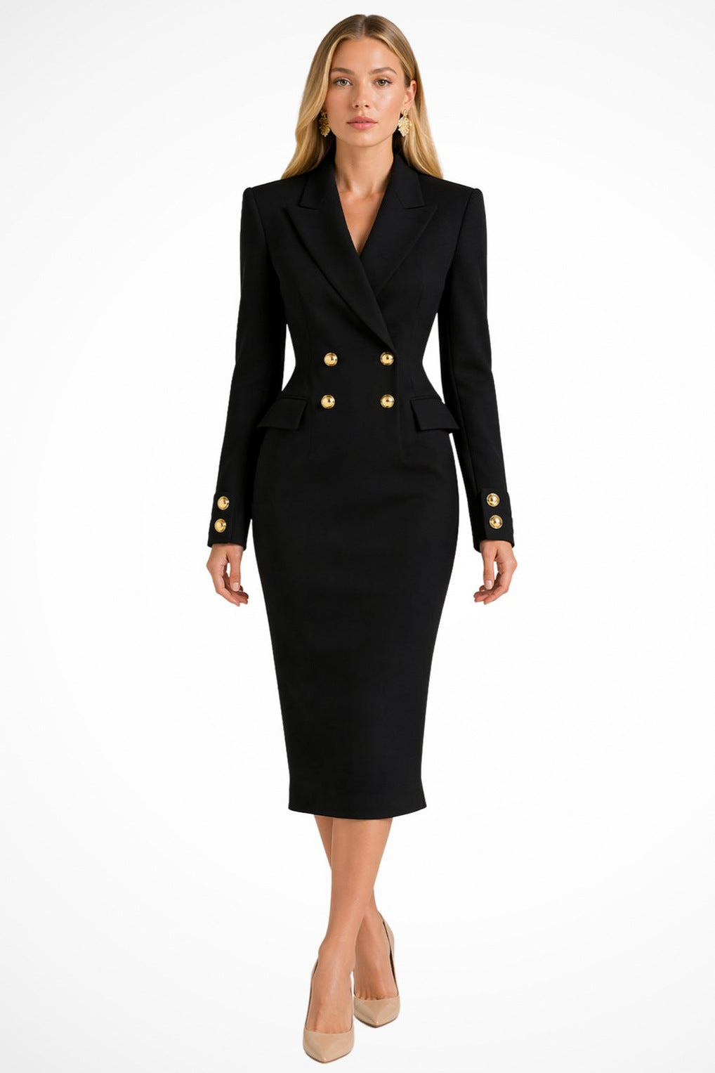 Button Front Blazer Midi Dress in Black