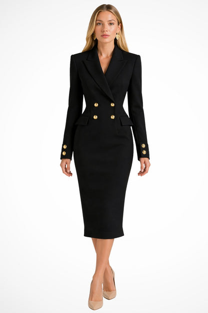 Button Front Blazer Midi Dress in Black