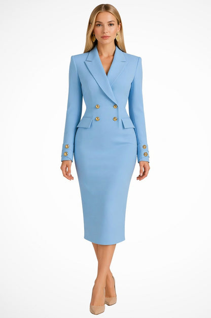 Button Front Blazer Midi Dress in Blue