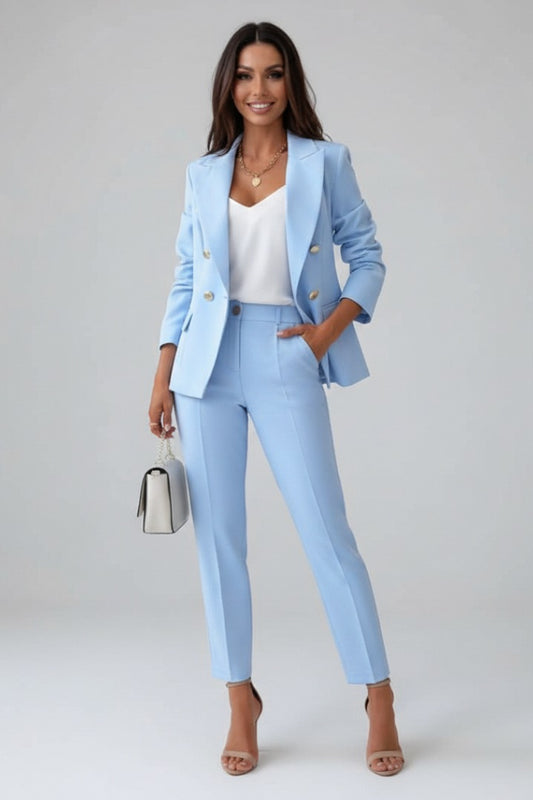 Button Front Blazer and Pant Set in Light Blue