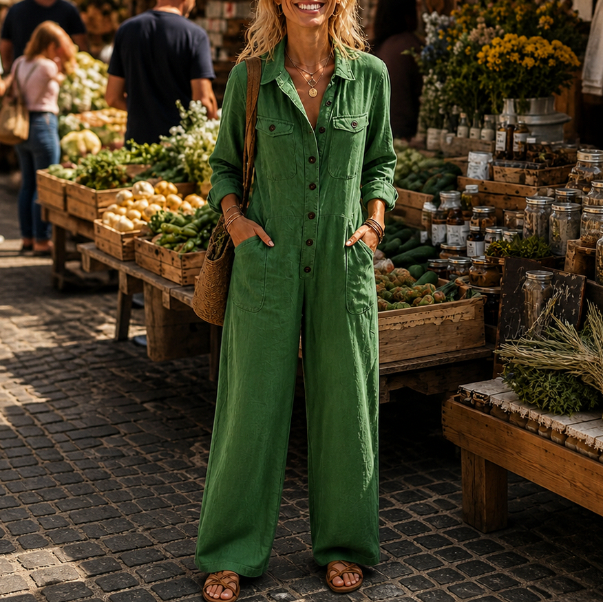 Long Sleeve Button Front Wide Leg Jumpsuit in Green