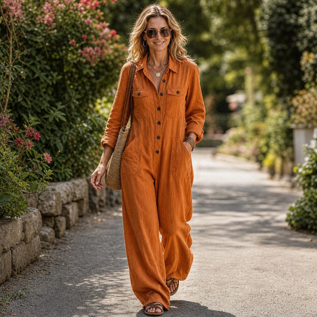 Long Sleeve Button Front Wide Leg Jumpsuit