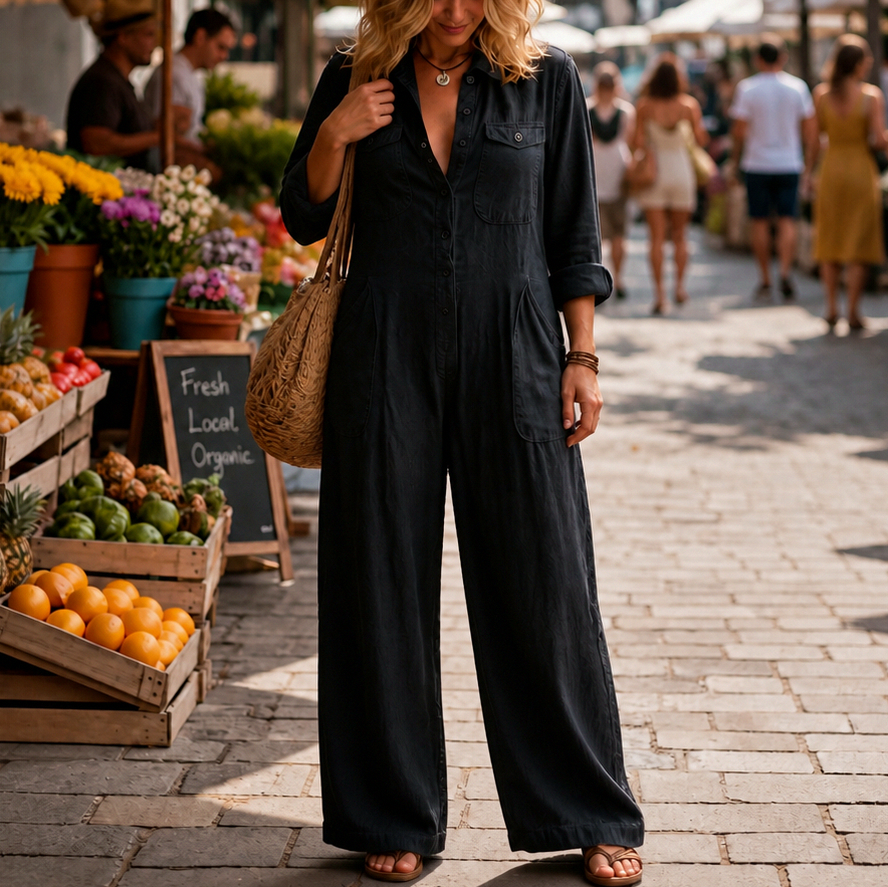 Long Sleeve Button Front Wide Leg Jumpsuit in Black