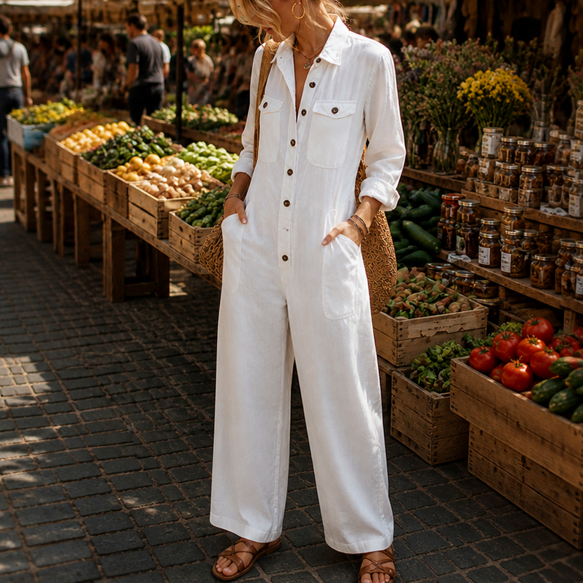 Long Sleeve Button Front Wide Leg Jumpsuit in White
