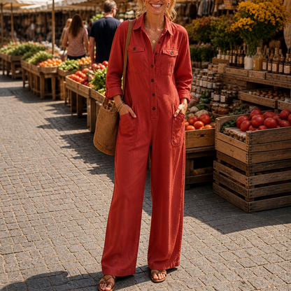 Long Sleeve Button Front Wide Leg Jumpsuit in Red