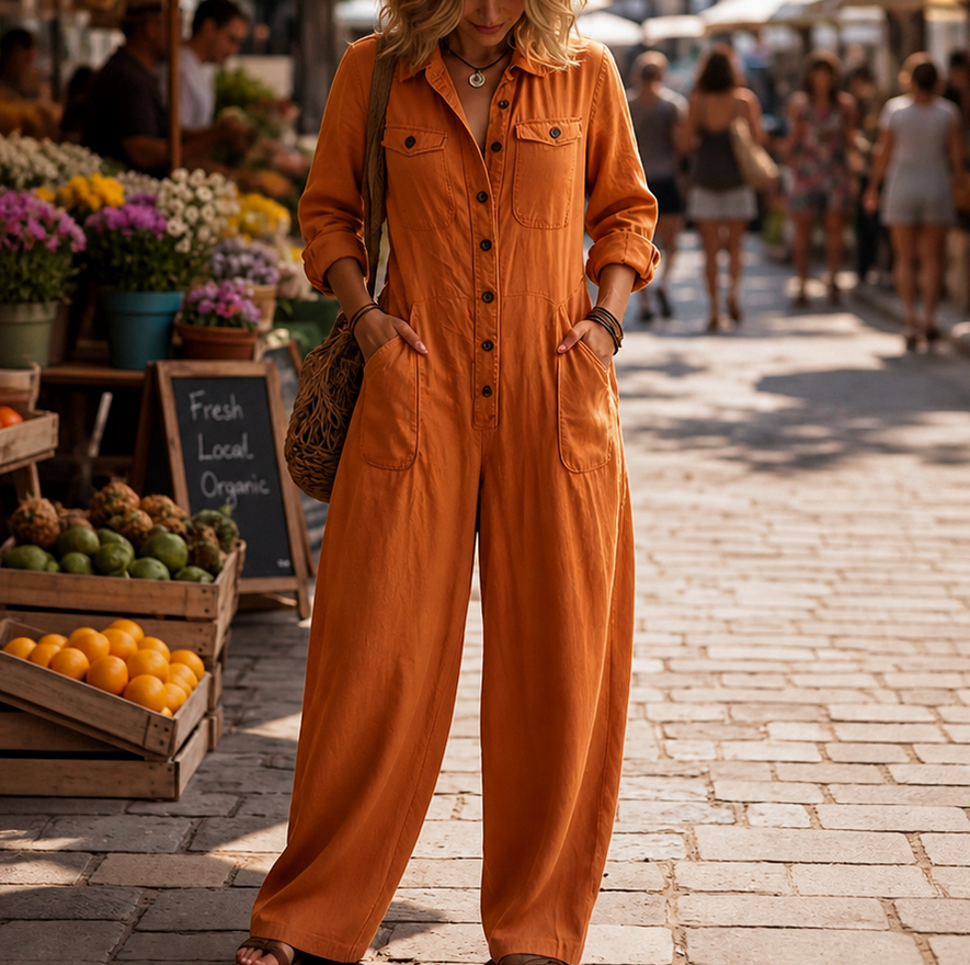 Long Sleeve Button Front Wide Leg Jumpsuit in Orange