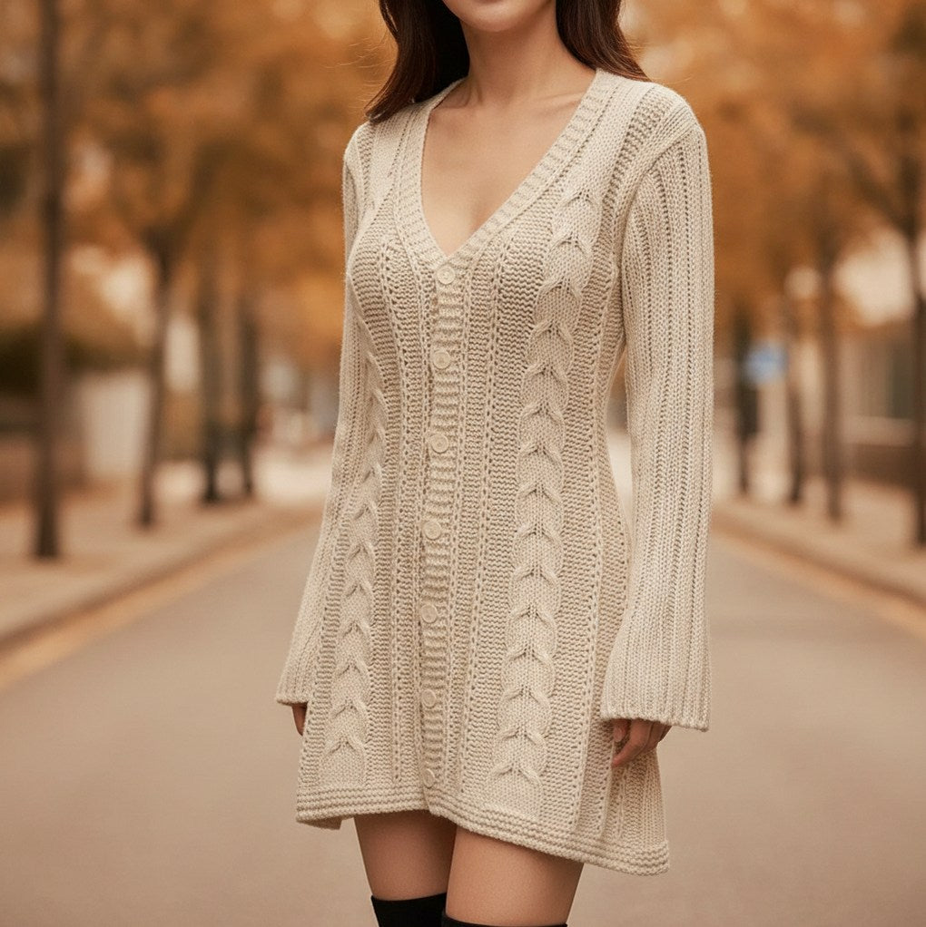Cable Knit Button Front Sweater Dress