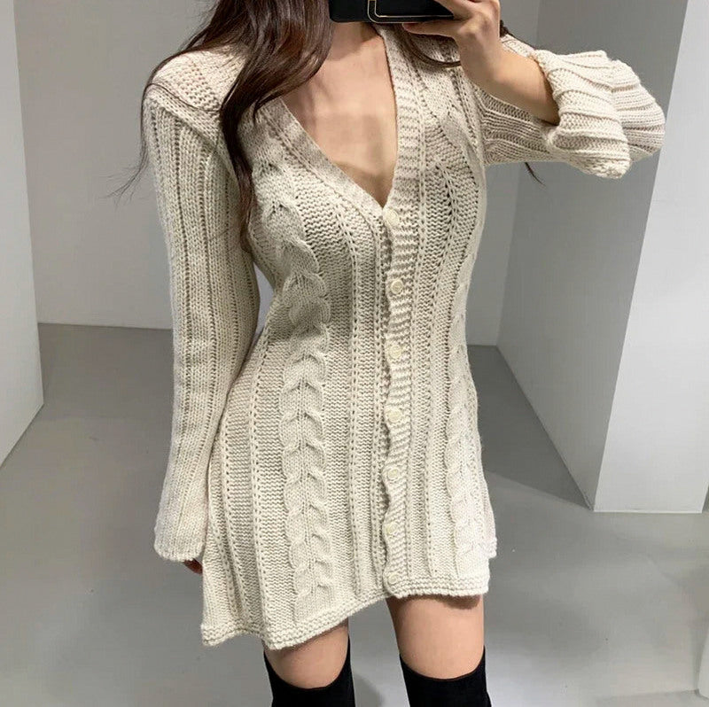 Cable Knit Button Front Sweater Dress