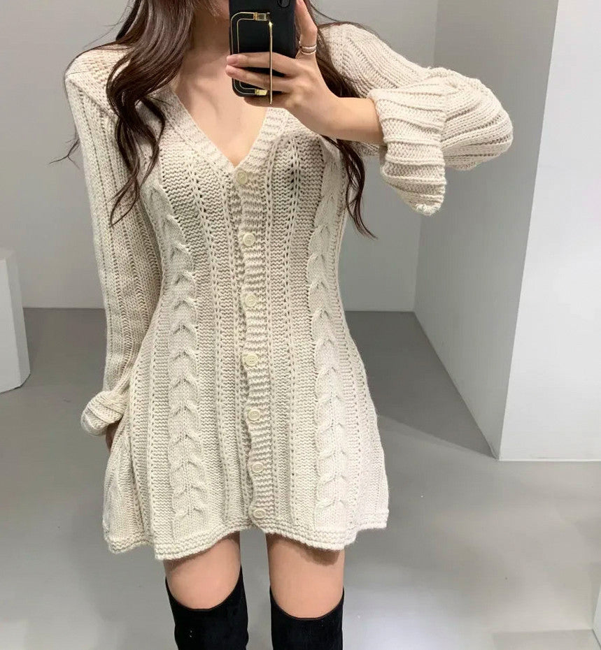 Cable Knit Button Front Sweater Dress in Cream