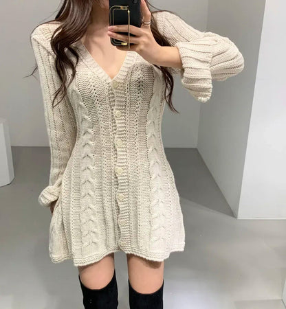 Cable Knit Button Front Sweater Dress in Cream