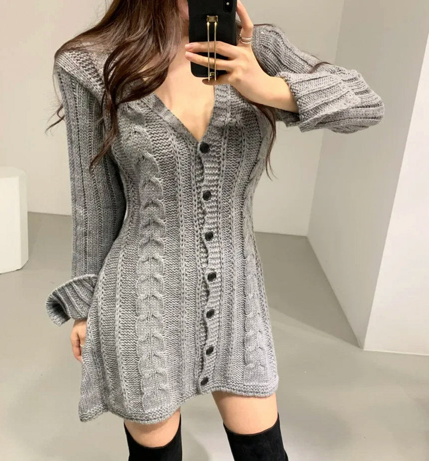Cable Knit Button Front Sweater Dress in Gray