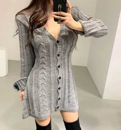 Cable Knit Button Front Sweater Dress in Gray
