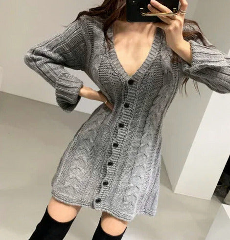 Cable Knit Button Front Sweater Dress