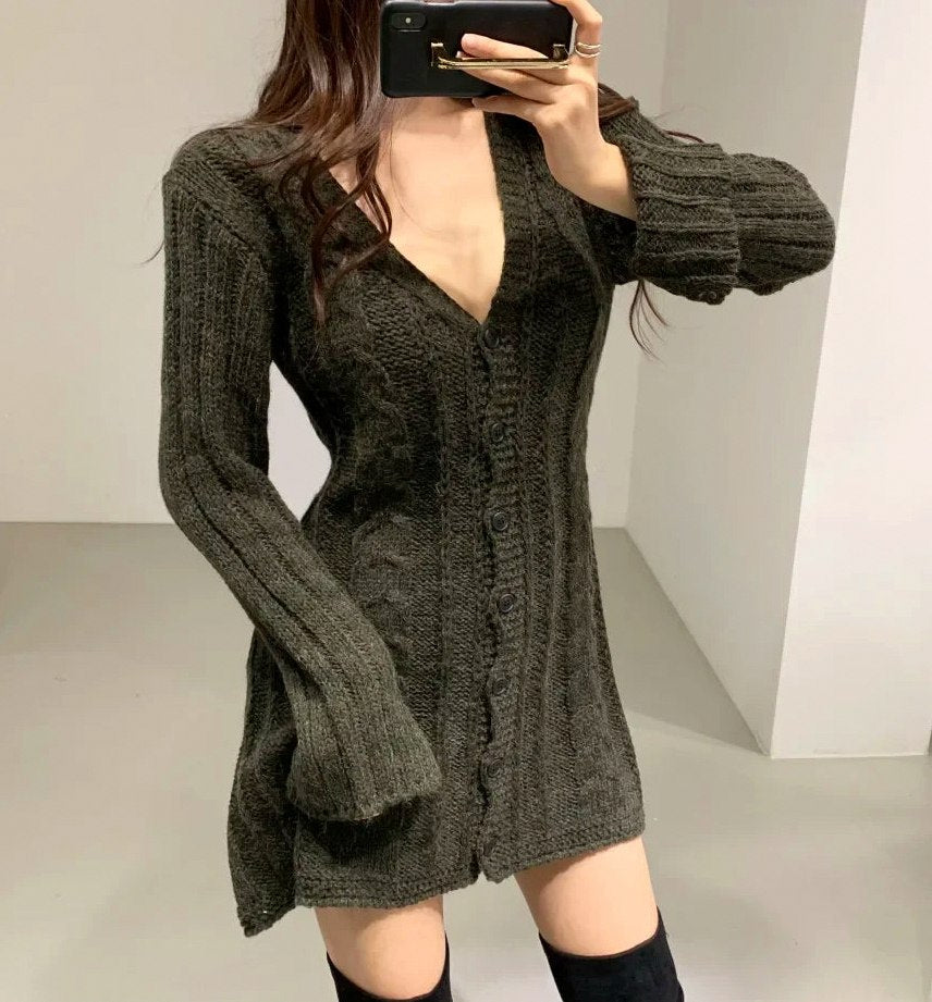 Cable Knit Button Front Sweater Dress in Khaki