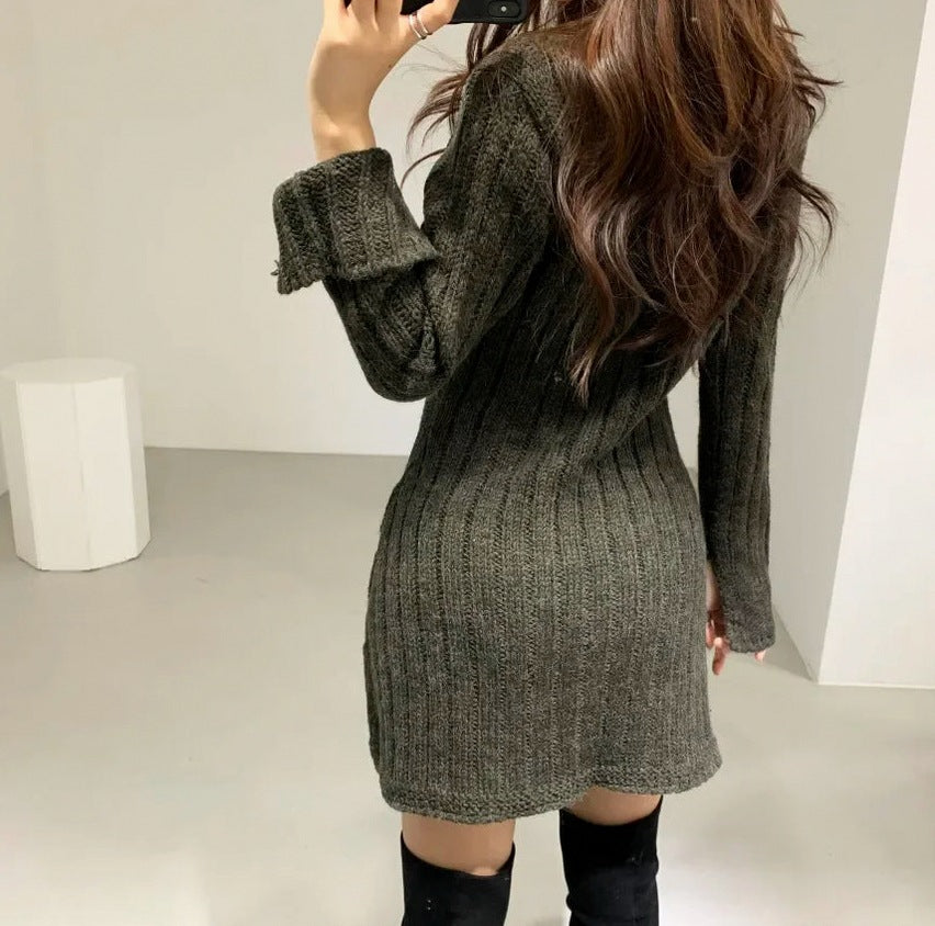 Cable Knit Button Front Sweater Dress