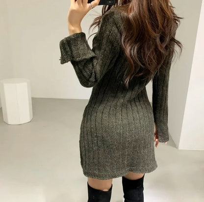 Cable Knit Button Front Sweater Dress