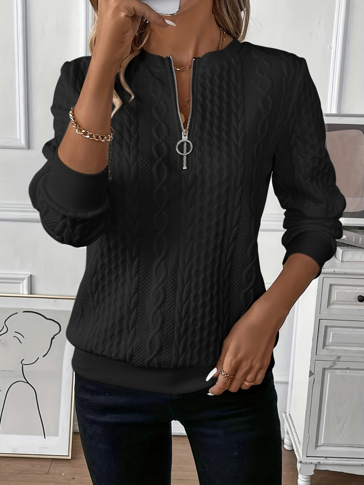 Cable Knit Half Zip Sweater in Black