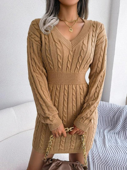 Cable Knit Ribbed Waist Mini Sweater Dress in Khaki