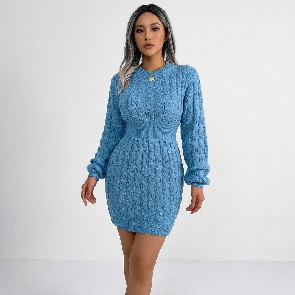 Cable Knit Crewneck Mini Sweater Dress in Blue
