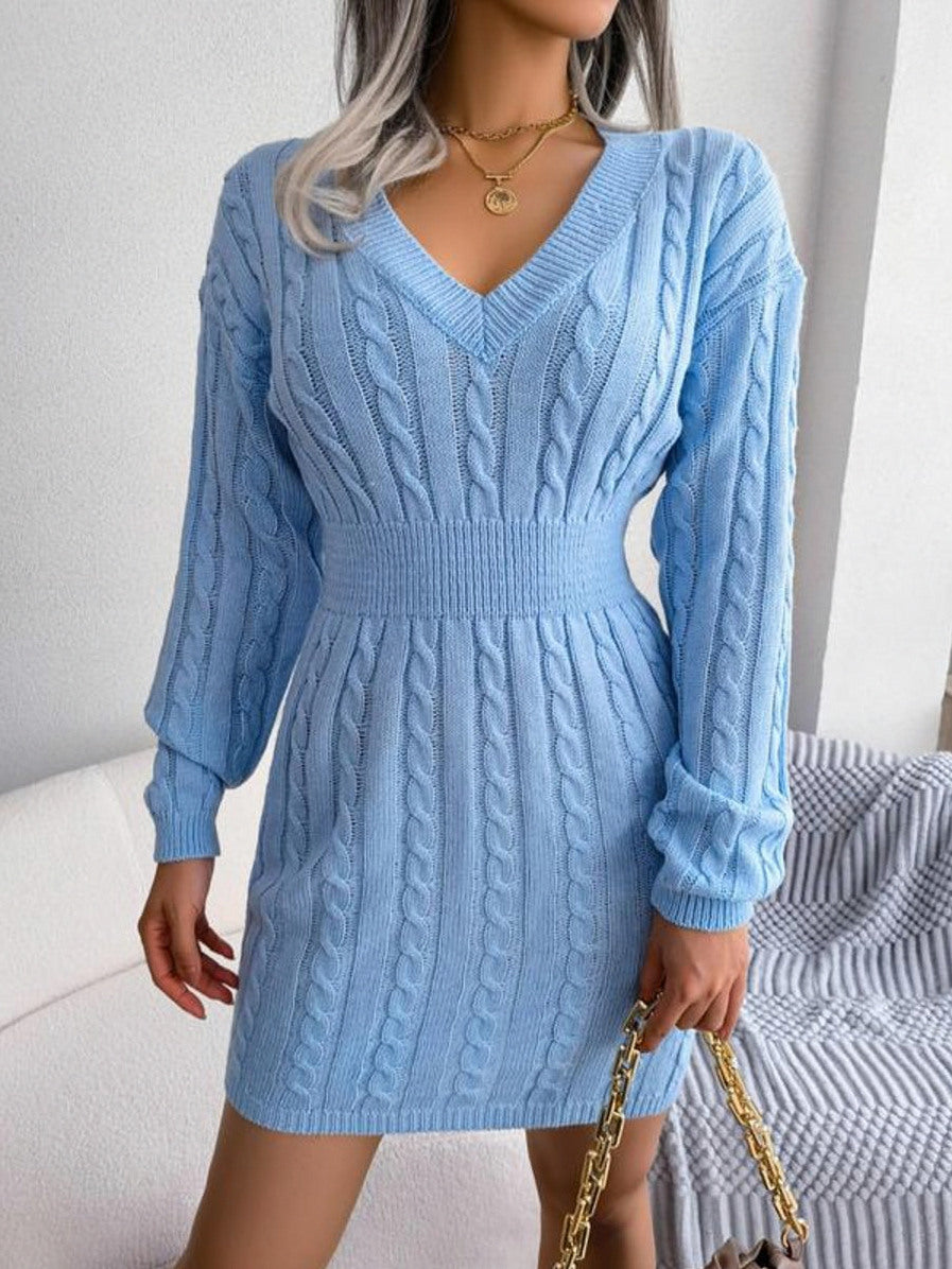 Cable Knit Ribbed Waist Mini Sweater Dress in Blue