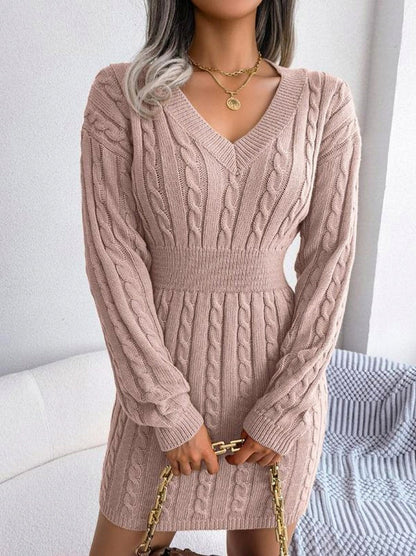 Cable Knit Ribbed Waist Mini Sweater Dress in Pink