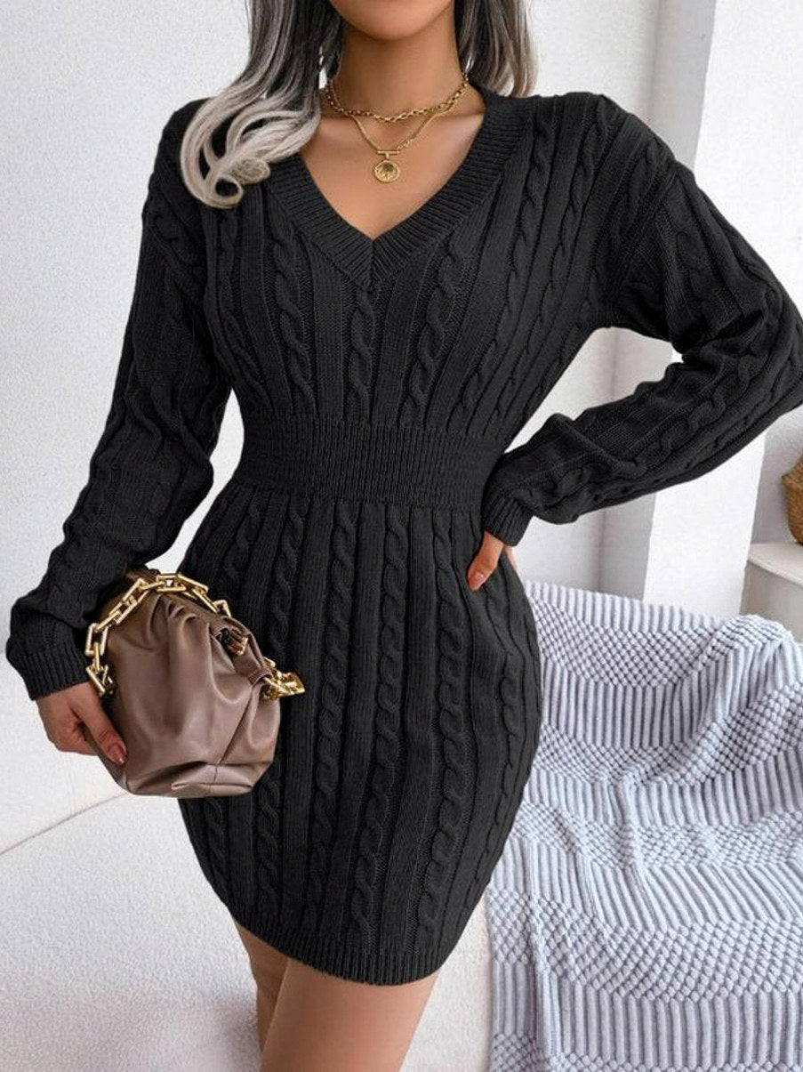 Cable Knit Ribbed Waist Mini Sweater Dress in Black