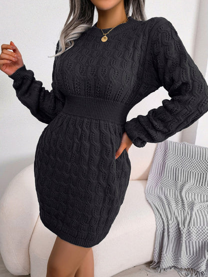Cable Knit Crewneck Mini Sweater Dress in Black