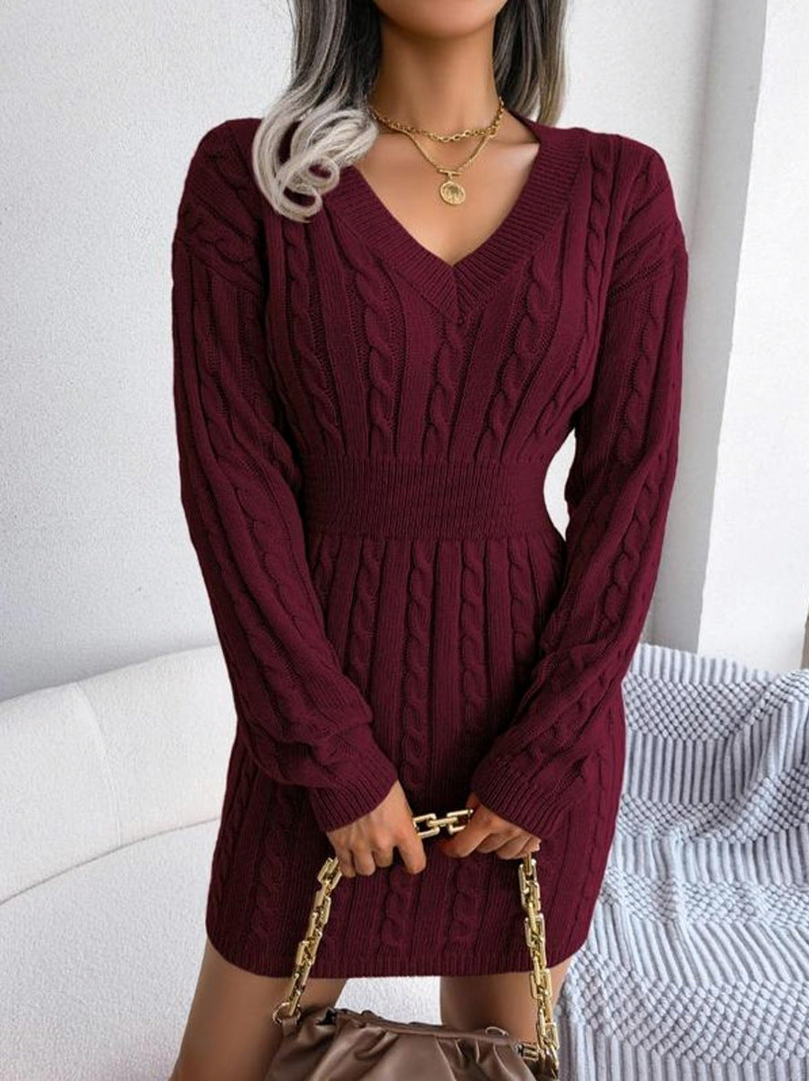 Cable Knit Ribbed Waist Mini Sweater Dress in Burgundy