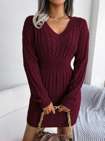 Cable Knit Ribbed Waist Mini Sweater Dress in Burgundy