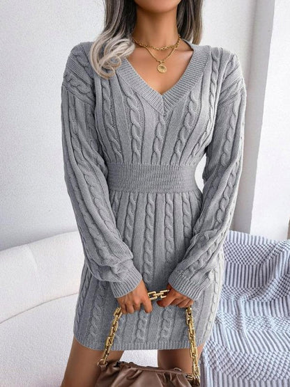 Cable Knit Ribbed Waist Mini Sweater Dress in Gray