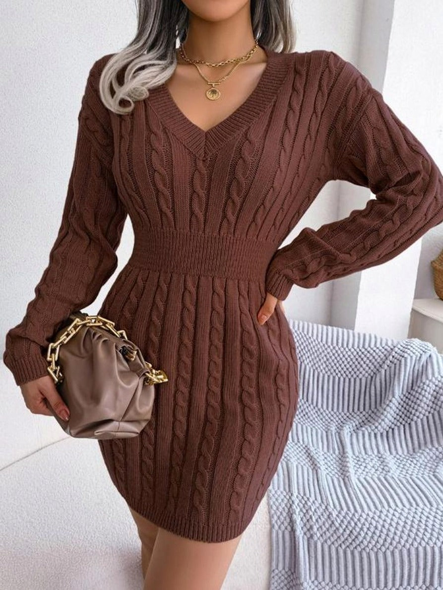 Cable Knit Ribbed Waist Mini Sweater Dress in Coffee Brown