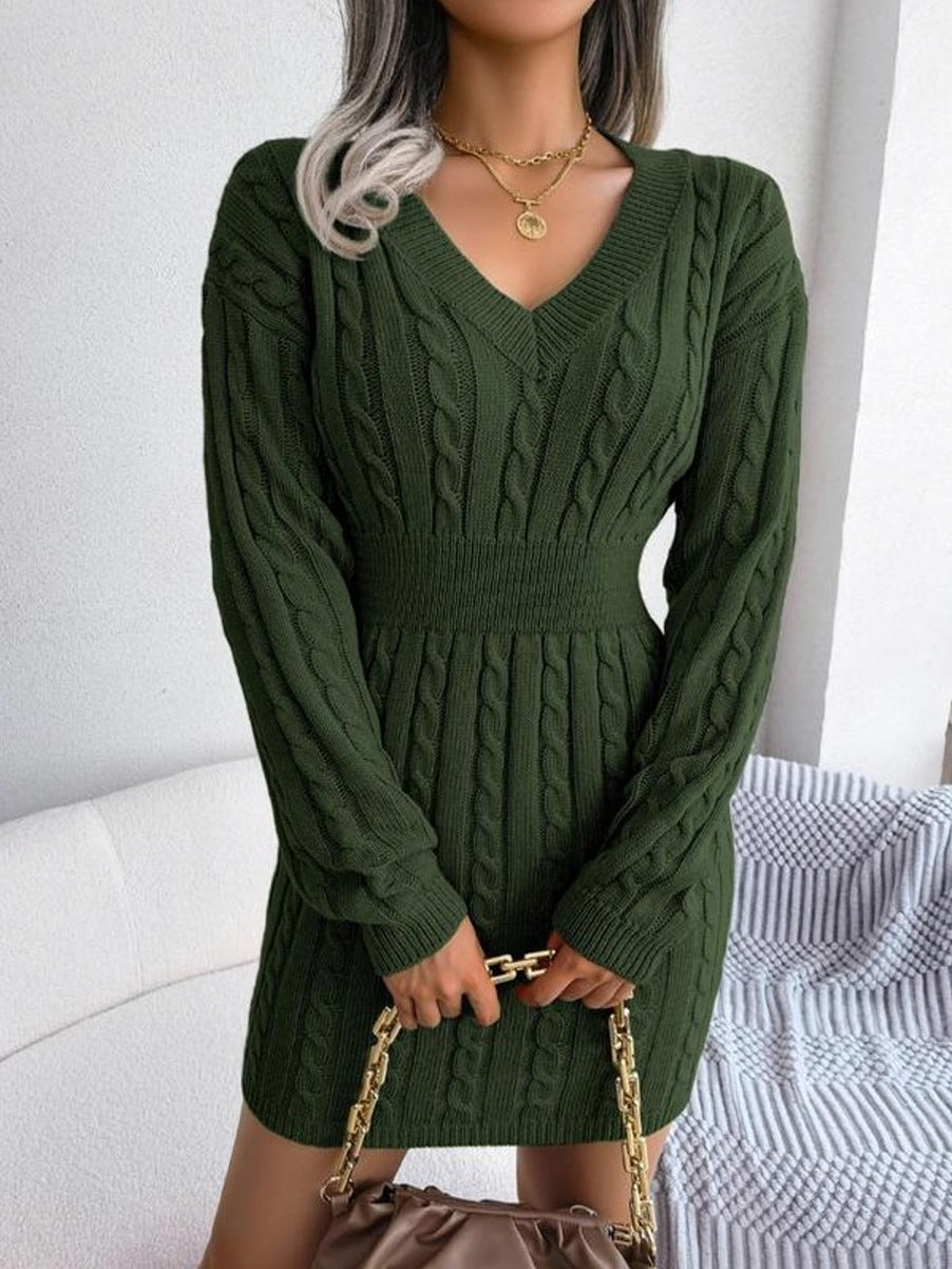 Cable Knit Ribbed Waist Mini Sweater Dress in Army Green