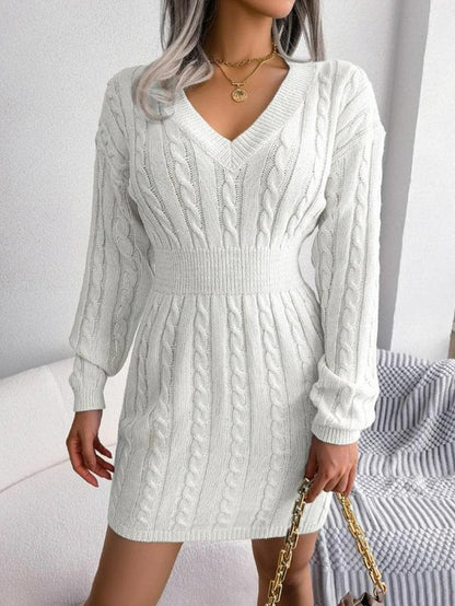 Cable Knit Ribbed Waist Mini Sweater Dress in Off White