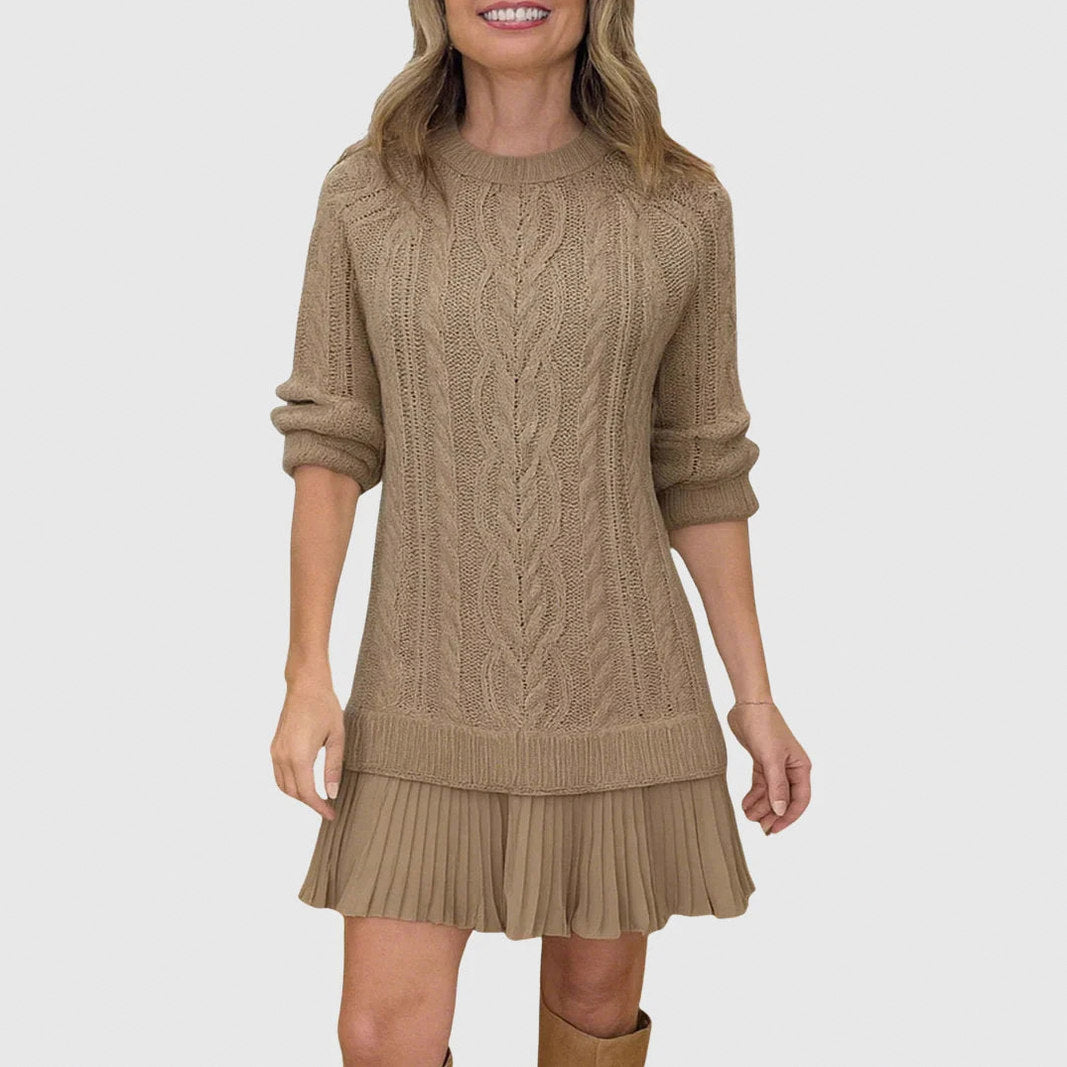 Cable Knit Pleated Mini Dress in Brown
