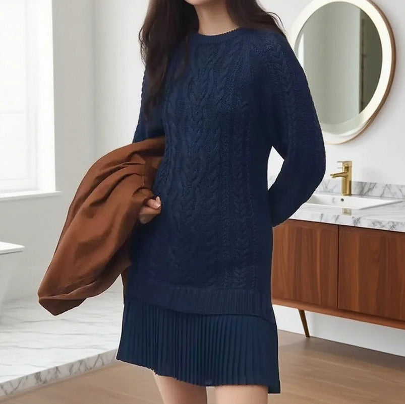 Cable Knit Pleated Mini Dress in Dark Blue