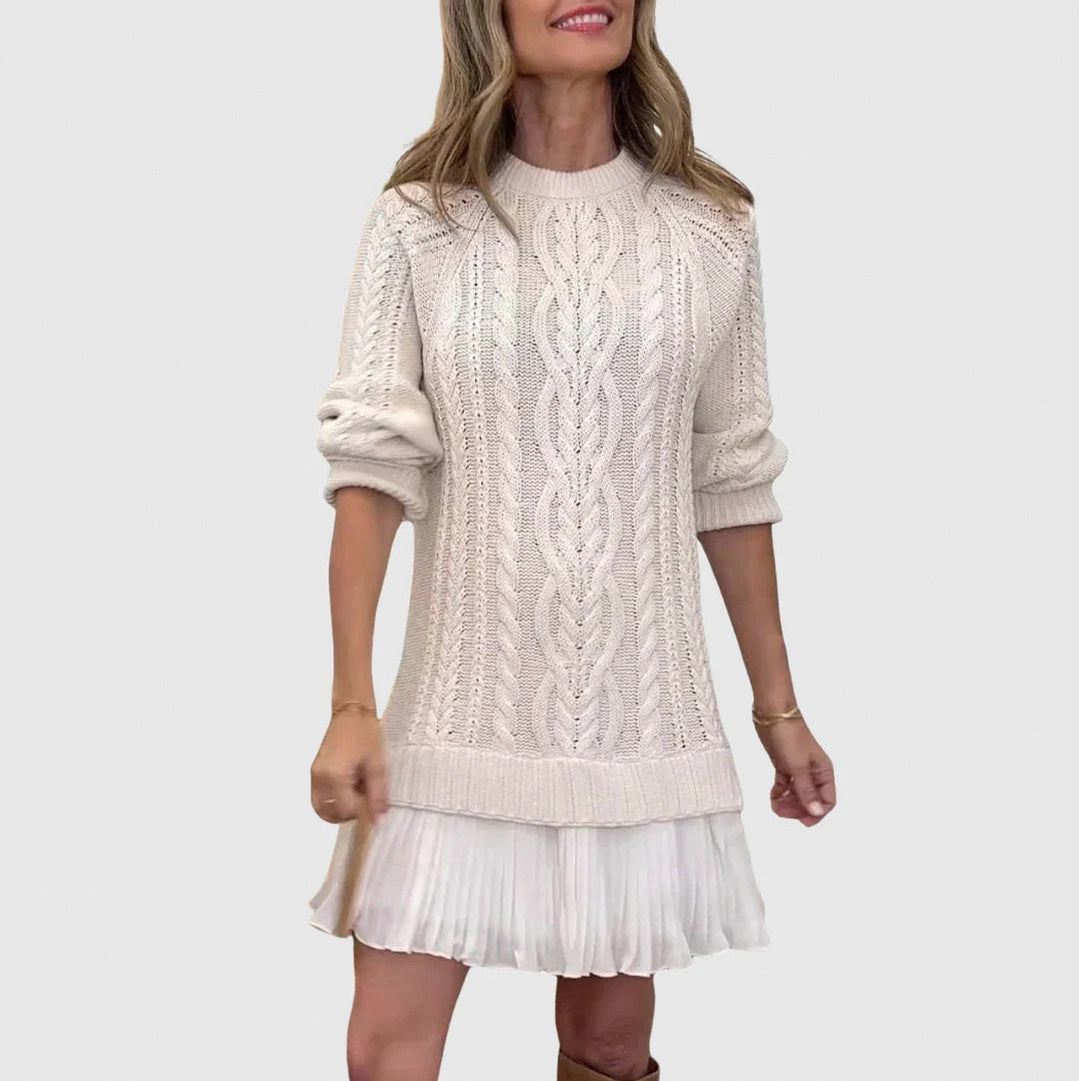 Cable Knit Pleated Mini Dress in White
