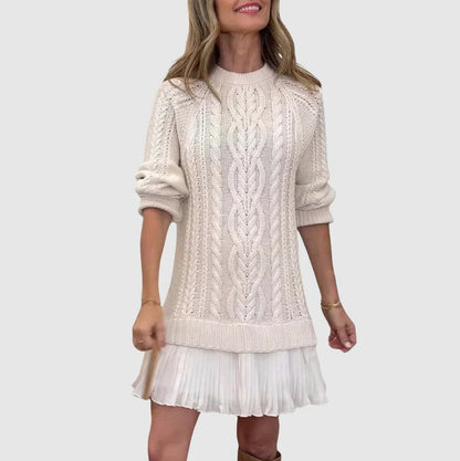 Cable Knit Pleated Mini Dress in White