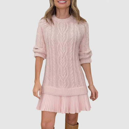 Cable Knit Pleated Mini Dress in Pink