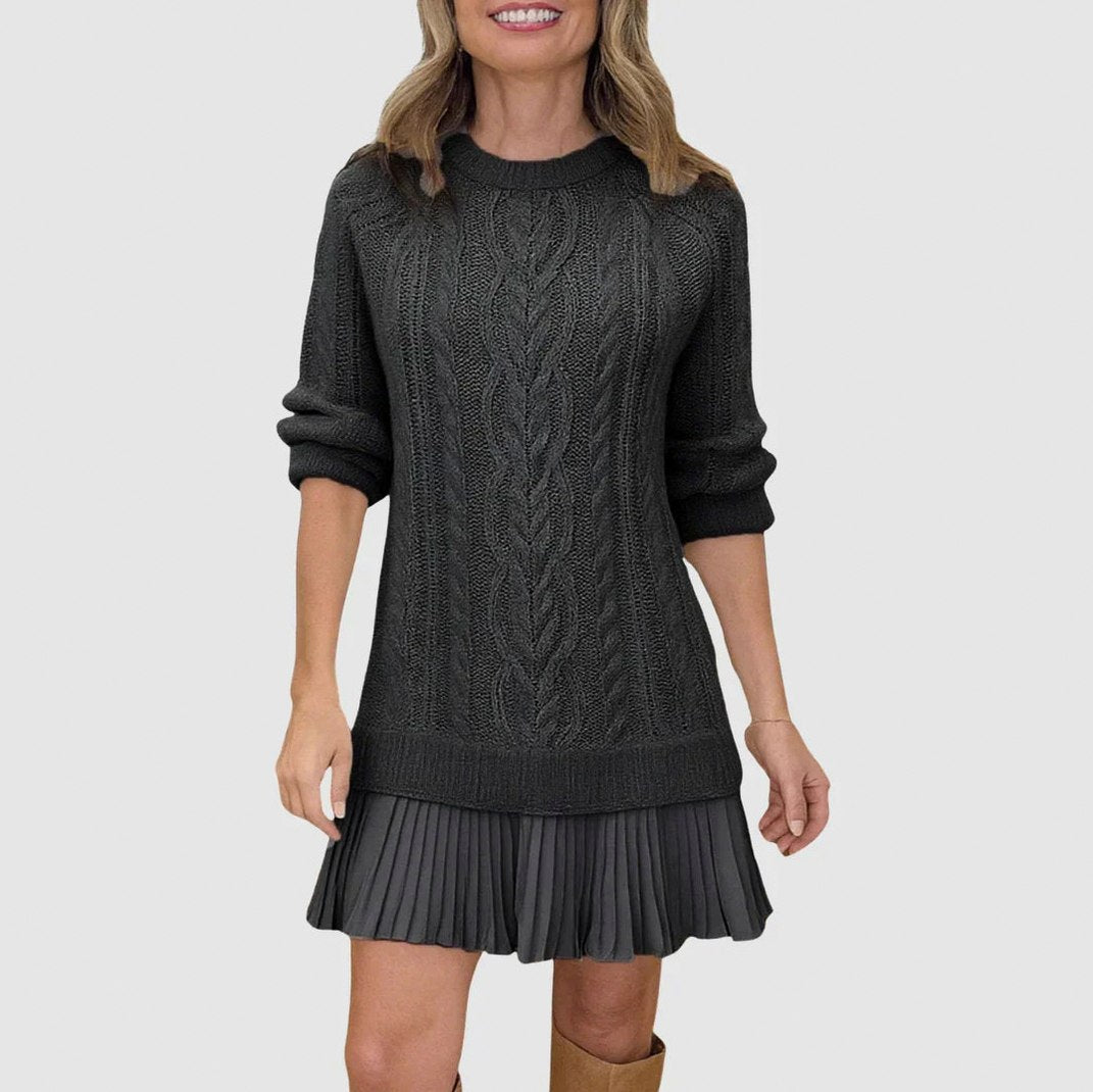 Cable Knit Pleated Mini Dress in Black