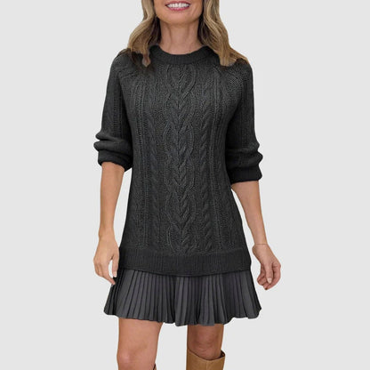 Cable Knit Pleated Mini Dress in Black