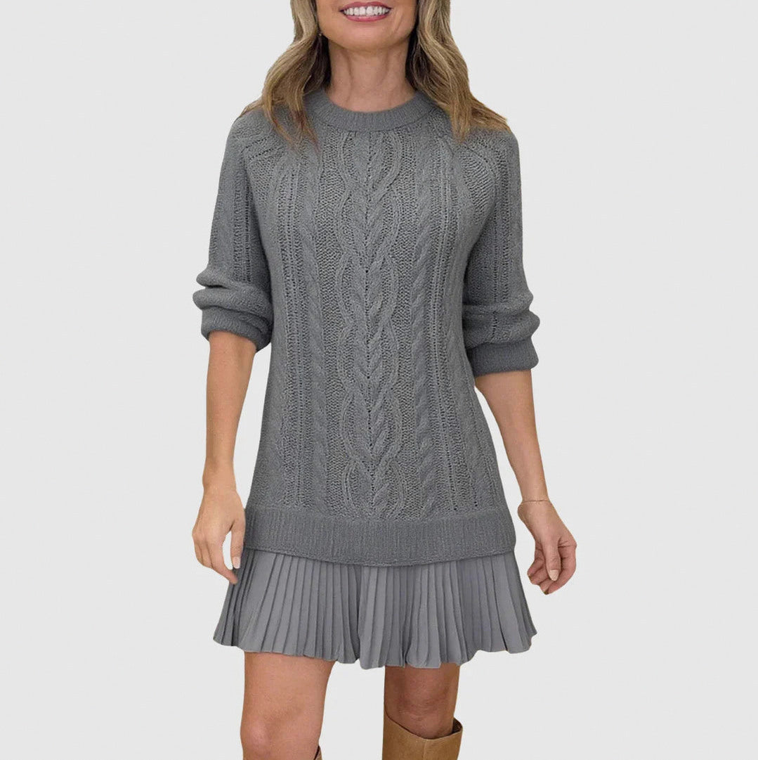 Cable Knit Pleated Mini Dress in Gray