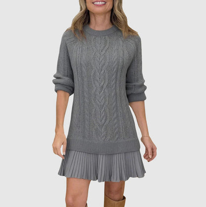 Cable Knit Pleated Mini Dress in Gray