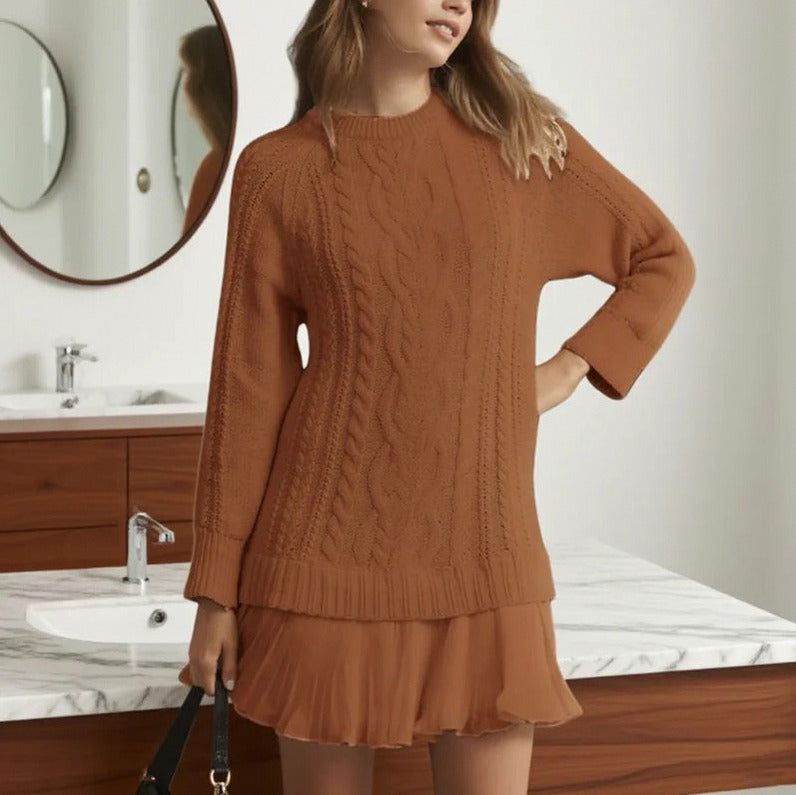 Cable Knit Pleated Mini Dress in Caramel Brown