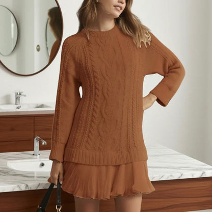 Cable Knit Pleated Mini Dress in Caramel Brown
