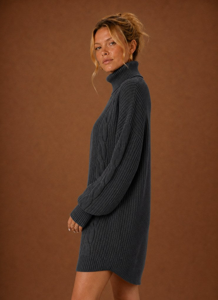 Cable Knit Turtleneck Sweater Dress