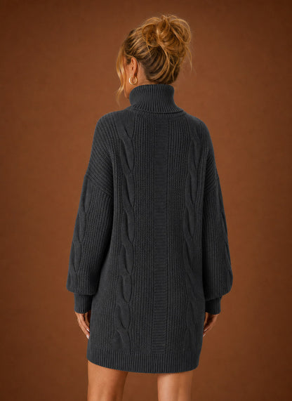 Cable Knit Turtleneck Sweater Dress