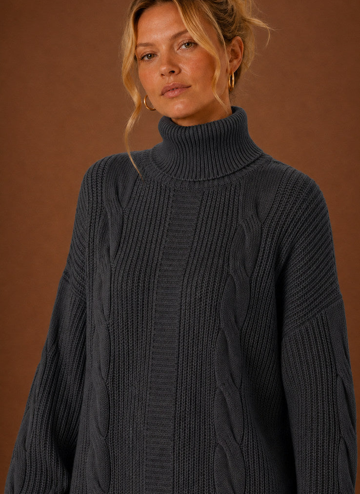 Cable Knit Turtleneck Sweater Dress