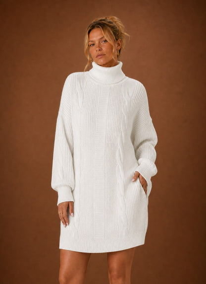 Cable Knit Turtleneck Sweater Dress in White