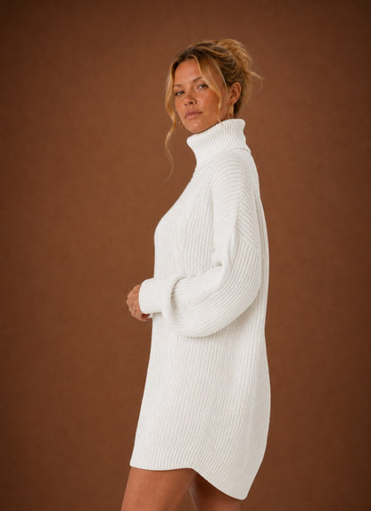 Cable Knit Turtleneck Sweater Dress