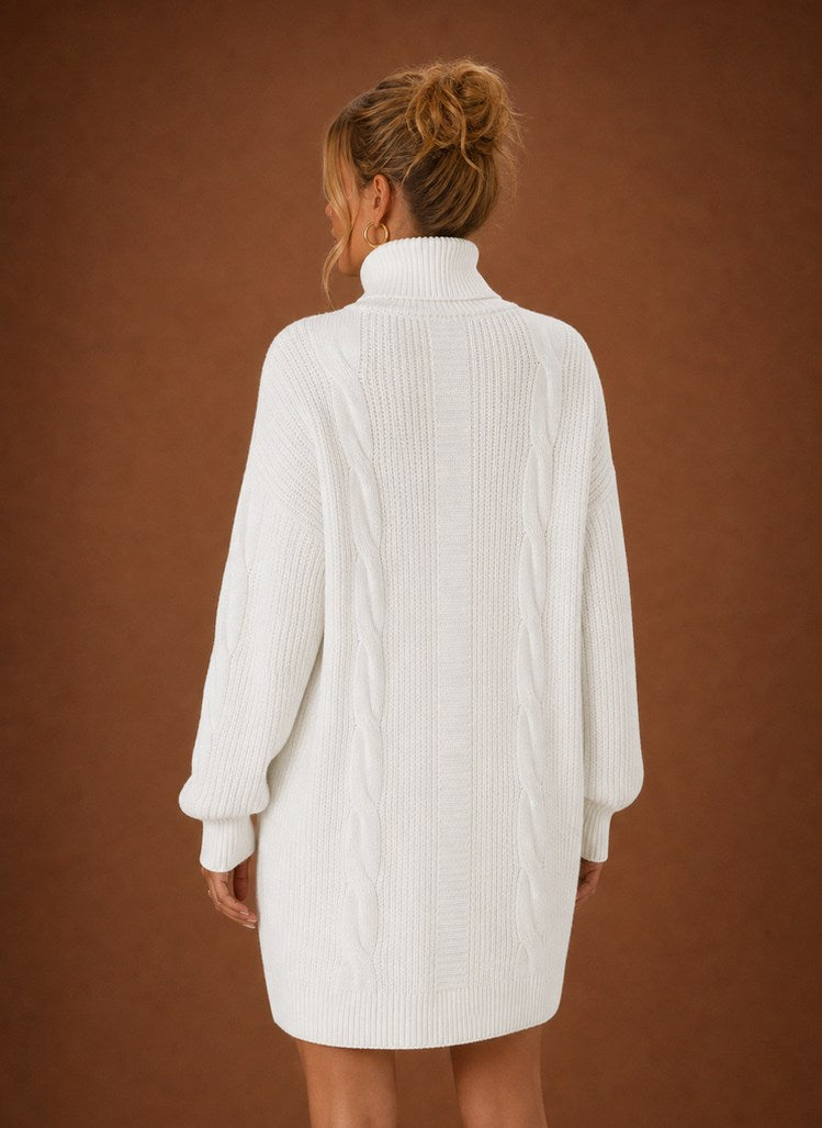 Cable Knit Turtleneck Sweater Dress